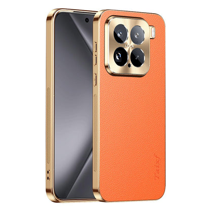 For Xiaomi 15 Electroplated Frame Litchi Texture PC + TPU Vegan Leather Phone Case - Orange - EDA009678404B