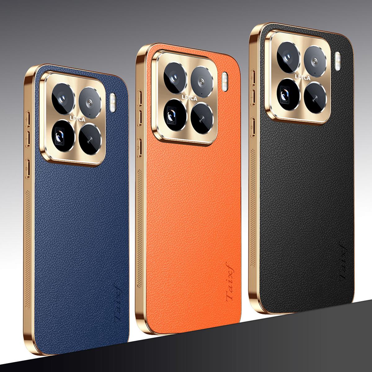 For Xiaomi 15 Electroplated Frame Litchi Texture PC + TPU Vegan Leather Phone Case - Orange - EDA009678404B