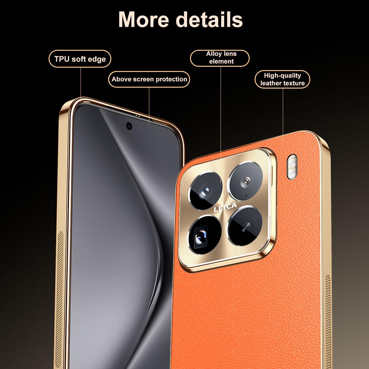 For Xiaomi 15 Electroplated Frame Litchi Texture PC + TPU Vegan Leather Phone Case - Orange - EDA009678404B