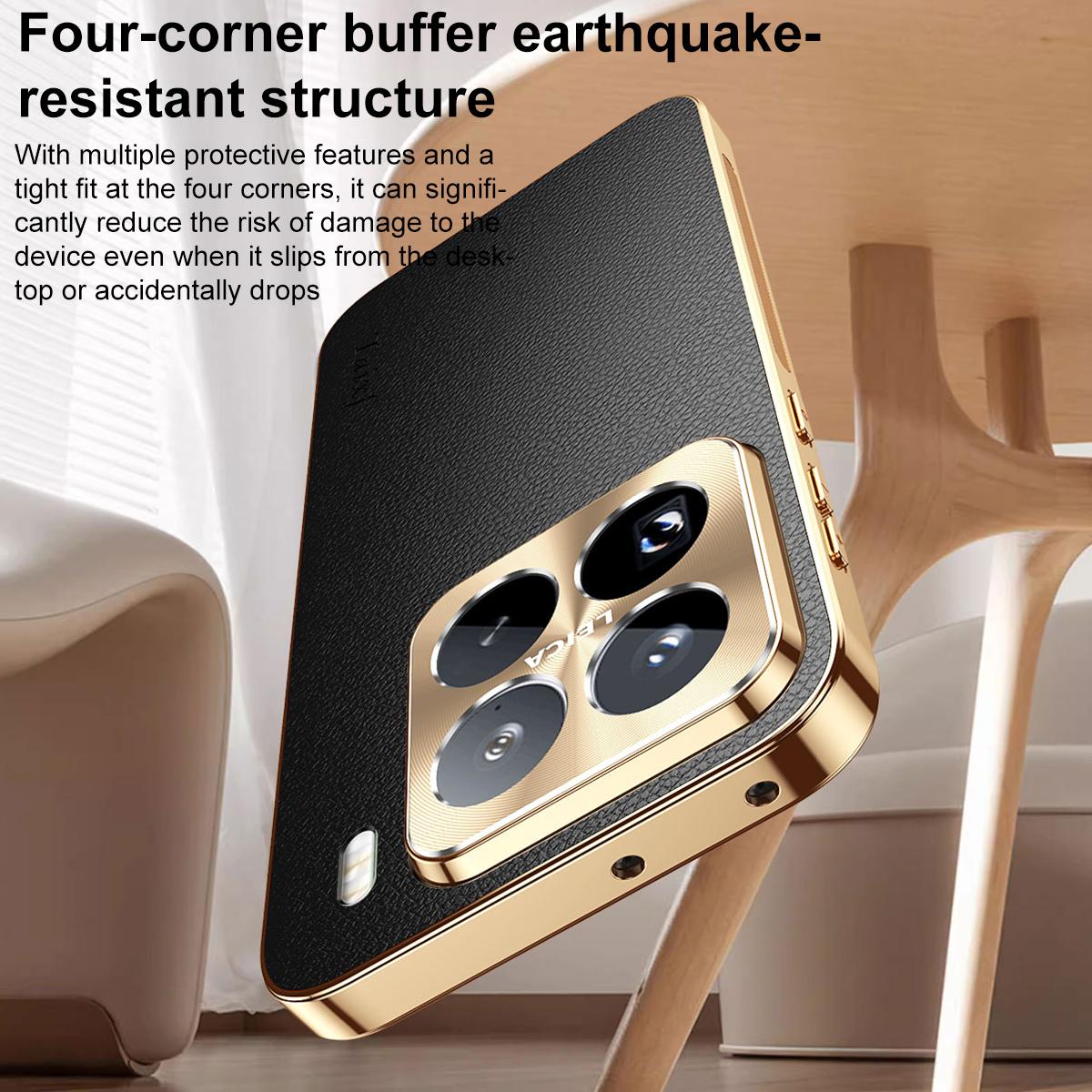 For Xiaomi 15 Electroplated Frame Litchi Texture PC + TPU Vegan Leather Phone Case - Orange - EDA009678404B