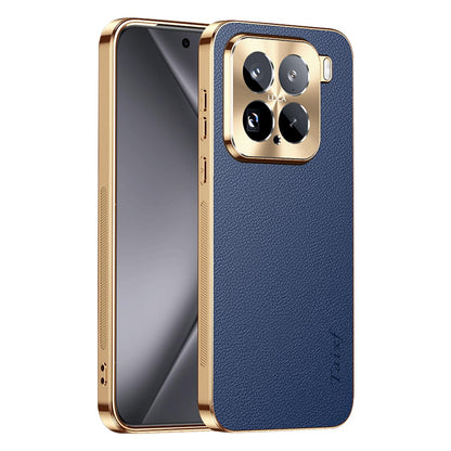 For Xiaomi 15 Electroplated Frame Litchi Texture PC + TPU Vegan Leather Phone Case - Blue - EDA009678404C