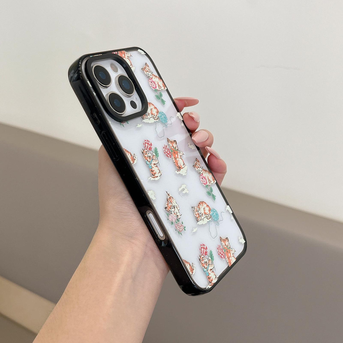 For iPhone 15 Pro Max Country Cats Dogs Transparent Acrylic TPU Phone Case - Cat Flower - EDA009678609A