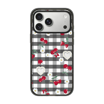 For iPhone 17 Pro Max Cherry Plaid Acrylic TPU Phone Case - Gray Checkered Berry - EDA009679701B