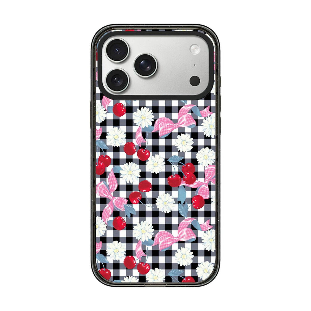 For iPhone 17 Pro Max Cherry Plaid Acrylic TPU Phone Case - Sweet Cool Black Cherry - EDA009679701E