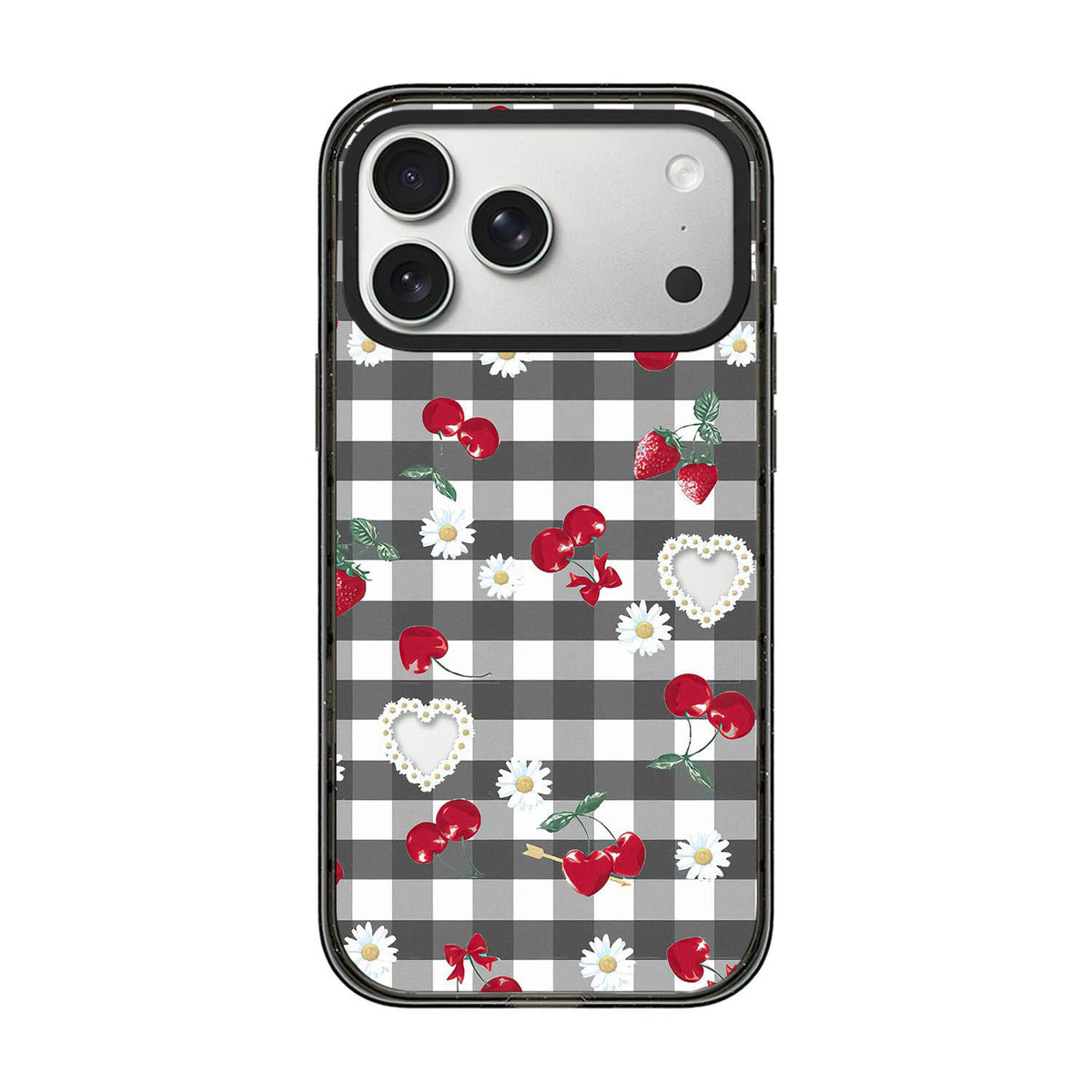 For iPhone 17 Pro Cherry Plaid Acrylic TPU Phone Case - Gray Checkered Berry - EDA009679702B