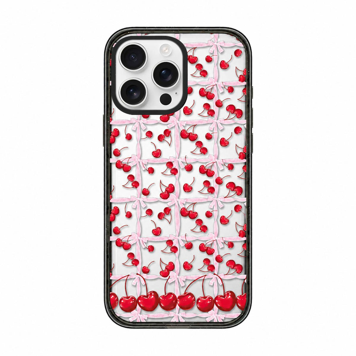 For iPhone 16 Pro Cherry Plaid Acrylic TPU Phone Case - Ballet Pink Satin Cherry - EDA009679706A