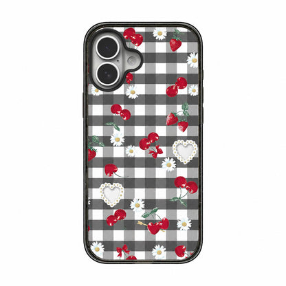For iPhone 16 Plus Cherry Plaid Acrylic TPU Phone Case - Gray Checkered Berry - EDA009679707B