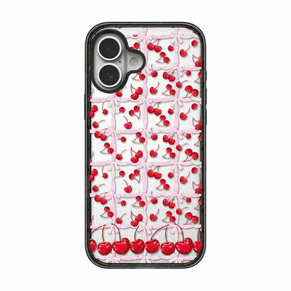 For iPhone 16 Cherry Plaid Acrylic TPU Phone Case - Ballet Pink Satin Cherry - EDA009679708A