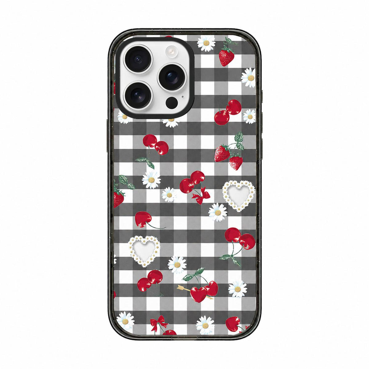 For iPhone 15 Pro Max Cherry Plaid Acrylic TPU Phone Case - Gray Checkered Berry - EDA009679709B
