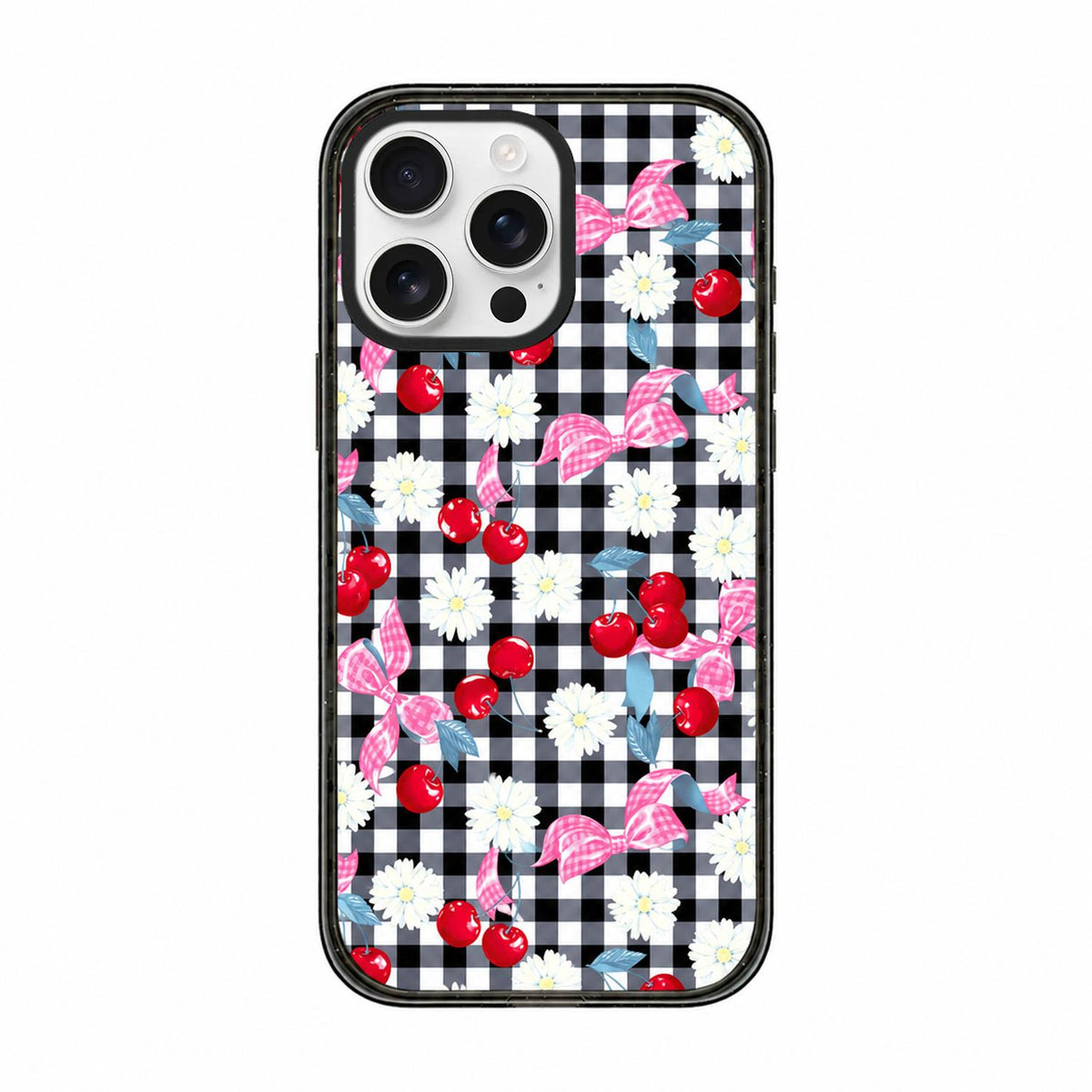 For iPhone 15 Pro Cherry Plaid Acrylic TPU Phone Case - Sweet Cool Black Cherry - EDA009679710E