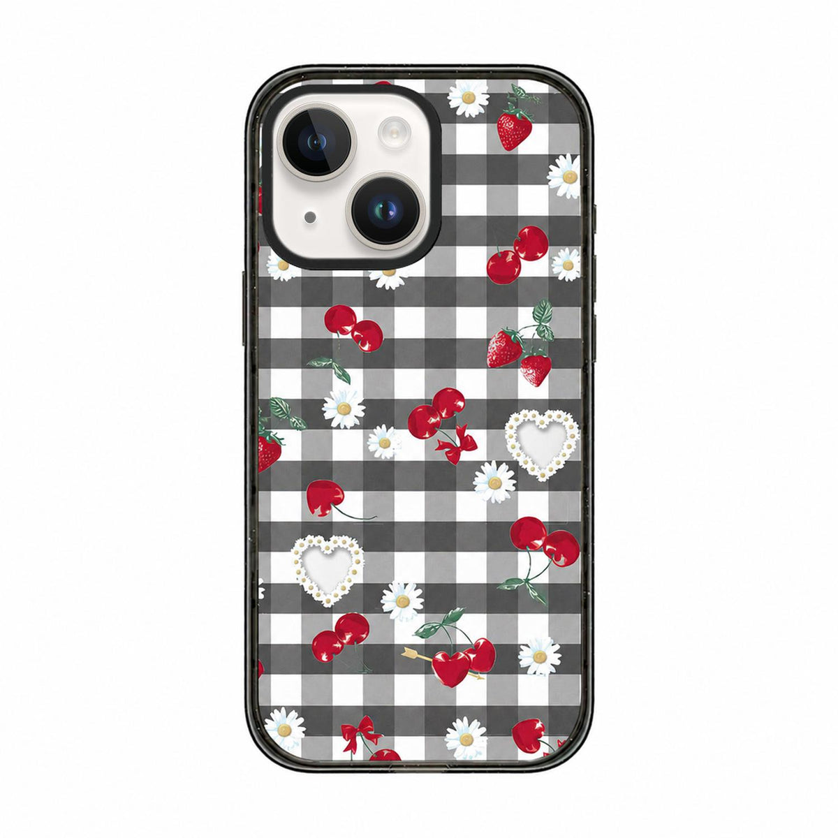 For iPhone 15 Plus Cherry Plaid Acrylic TPU Phone Case - Gray Checkered Berry - EDA009679711B