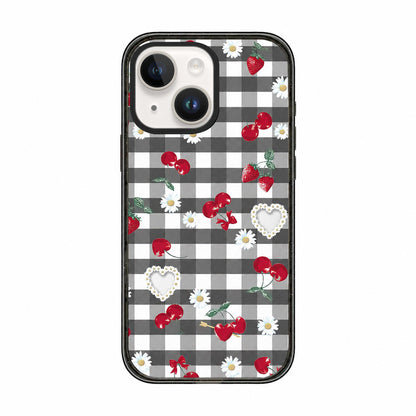 For iPhone 13 Cherry Plaid Acrylic TPU Phone Case - Gray Checkered Berry - EDA009679719B