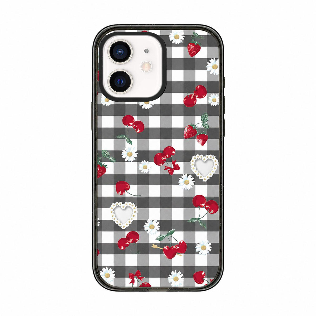 For iPhone 11 Cherry Plaid Acrylic TPU Phone Case - Gray Checkered Berry - EDA009679723B