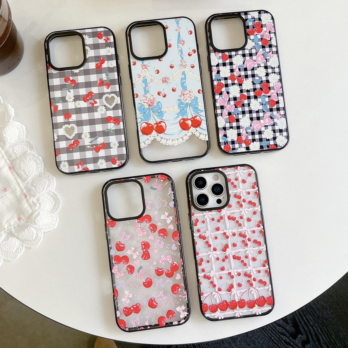 For iPhone 15 Pro Cherry Plaid Acrylic TPU Phone Case - Gray Checkered Berry - EDA009679710B