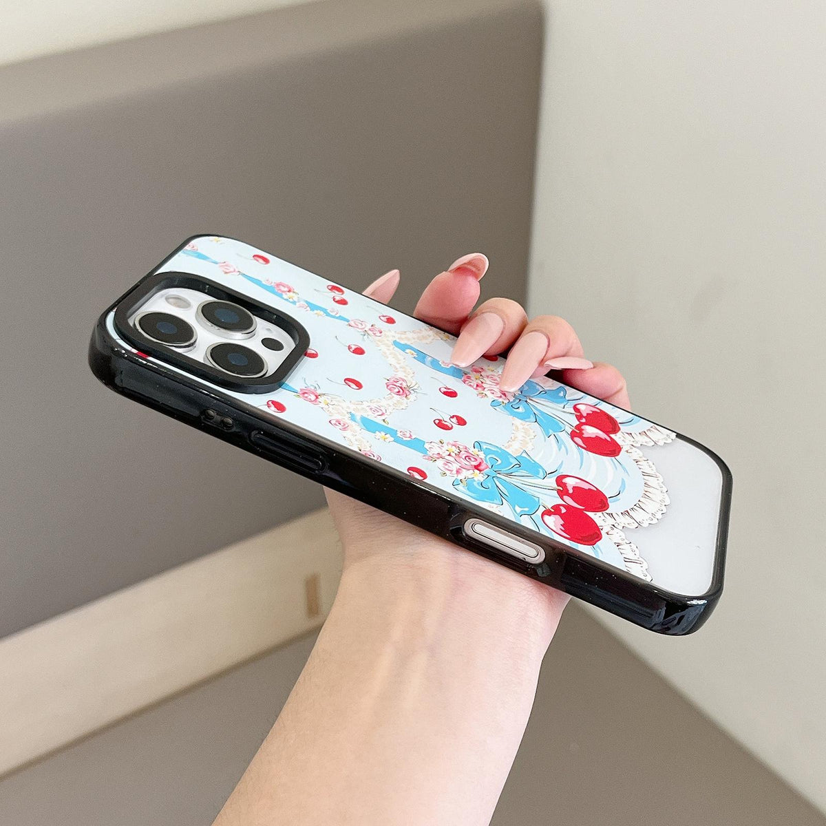 For iPhone 17 Pro Cherry Plaid Acrylic TPU Phone Case - Lolita Blue Dress Cherry - EDA009679702D