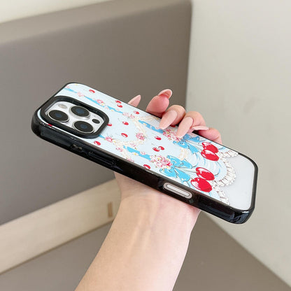 For iPhone 14 Cherry Plaid Acrylic TPU Phone Case - Ballet Pink Satin Cherry - EDA009679714A