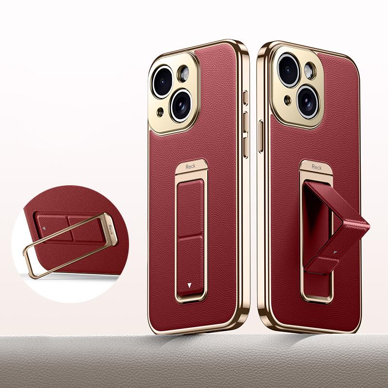 For iPhone 15 Metal Holder Foldable Wristband Precise Cutout Vegan Leather Phone Case - Red - EDA009680704B
