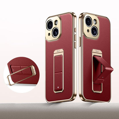 For iPhone 15 Metal Holder Foldable Wristband Precise Cutout Vegan Leather Phone Case - Red - EDA009680704B