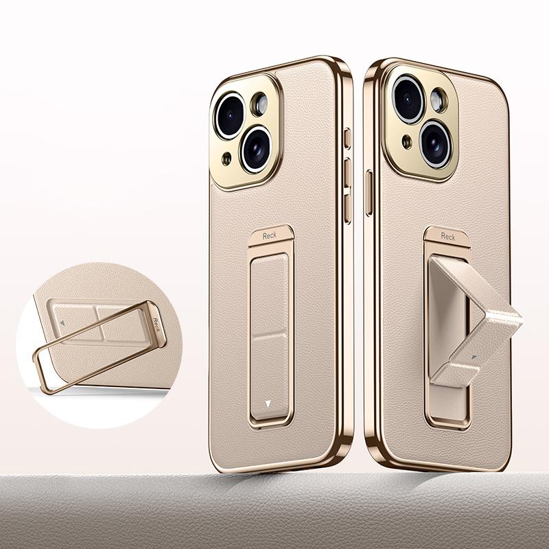 For iPhone 15 Metal Holder Foldable Wristband Precise Cutout Vegan Leather Phone Case - Titanium Gold - EDA009680704C