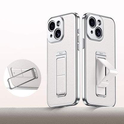 For iPhone 15 Metal Holder Foldable Wristband Precise Cutout Vegan Leather Phone Case - White - EDA009680704D