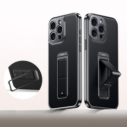 For iPhone 15 Pro Metal Holder Foldable Wristband Precise Cutout Vegan Leather Phone Case - Black - EDA009680705A