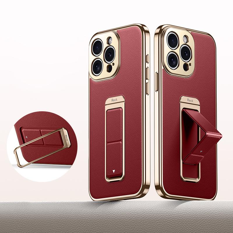 For iPhone 15 Pro Metal Holder Foldable Wristband Precise Cutout Vegan Leather Phone Case - Red - EDA009680705B