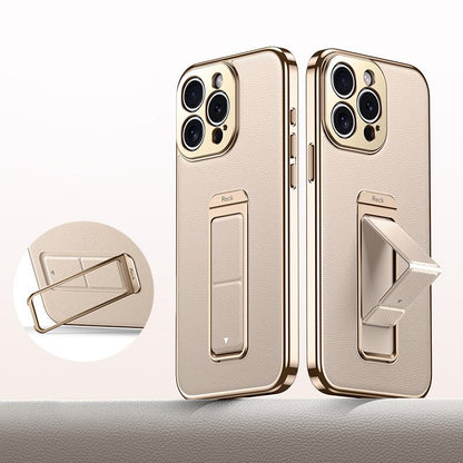 For iPhone 15 Pro Metal Holder Foldable Wristband Precise Cutout Vegan Leather Phone Case - Titanium Gold - EDA009680705C
