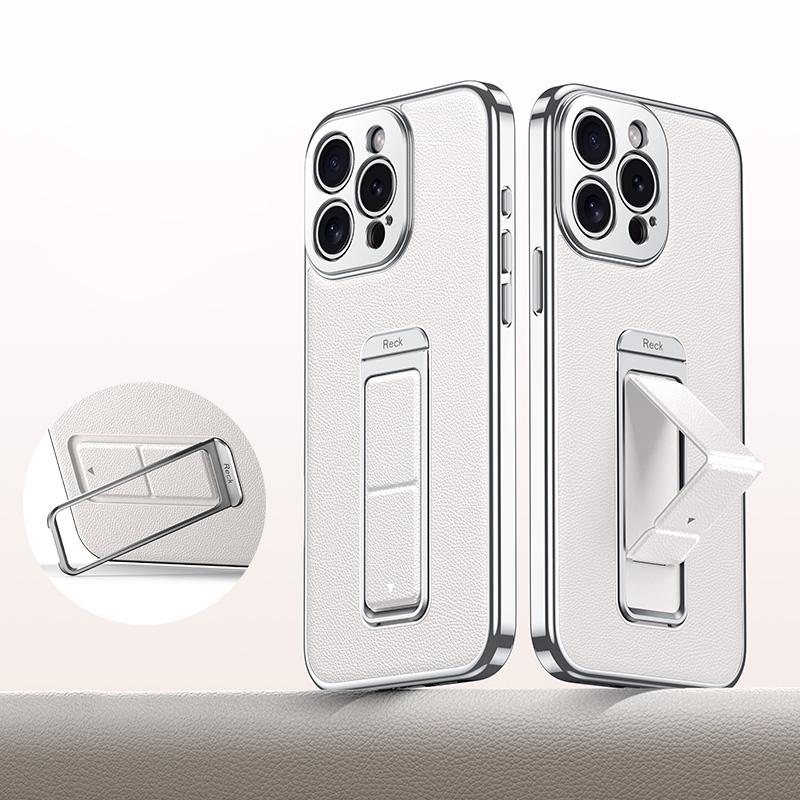 For iPhone 15 Pro Metal Holder Foldable Wristband Precise Cutout Vegan Leather Phone Case - White - EDA009680705D