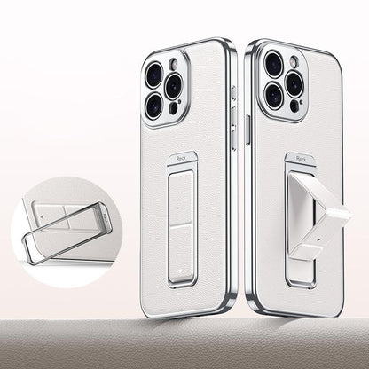 For iPhone 15 Pro Metal Holder Foldable Wristband Precise Cutout Vegan Leather Phone Case - White - EDA009680705D
