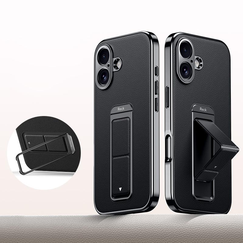 For iPhone 16 Metal Holder Foldable Wristband Precise Cutout Vegan Leather Phone Case - Black - EDA009680707A