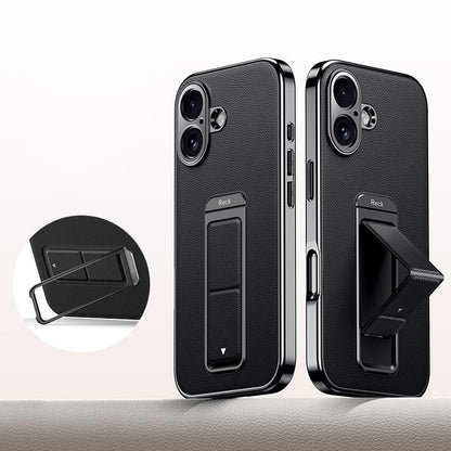 For iPhone 16 Metal Holder Foldable Wristband Precise Cutout Vegan Leather Phone Case - Black - EDA009680707A