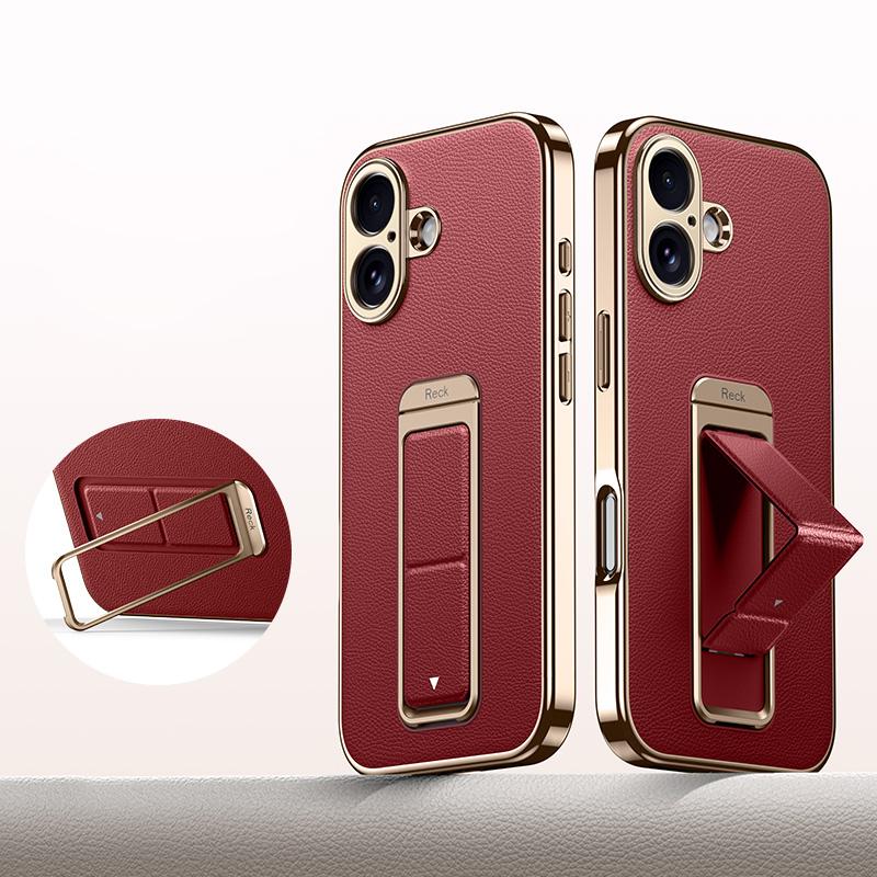 For iPhone 16 Metal Holder Foldable Wristband Precise Cutout Vegan Leather Phone Case - Red - EDA009680707B