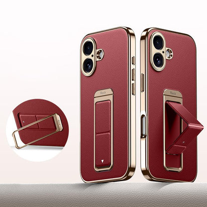 For iPhone 16 Metal Holder Foldable Wristband Precise Cutout Vegan Leather Phone Case - Red - EDA009680707B