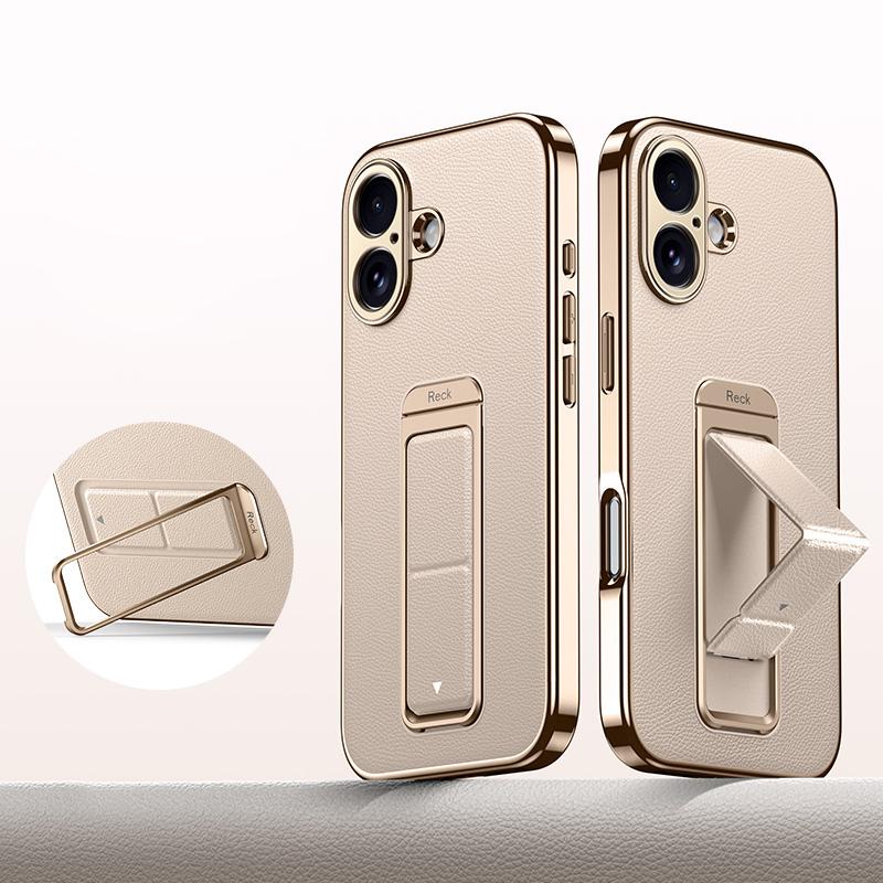 For iPhone 16 Metal Holder Foldable Wristband Precise Cutout Vegan Leather Phone Case - Titanium Gold - EDA009680707C