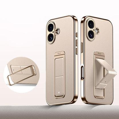 For iPhone 16 Metal Holder Foldable Wristband Precise Cutout Vegan Leather Phone Case - Titanium Gold - EDA009680707C