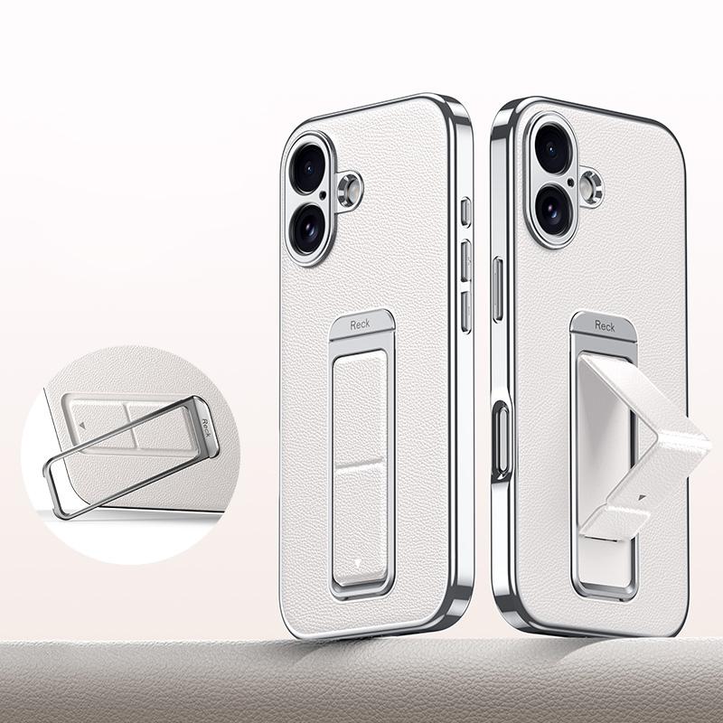 For iPhone 16 Metal Holder Foldable Wristband Precise Cutout Vegan Leather Phone Case - White - EDA009680707D