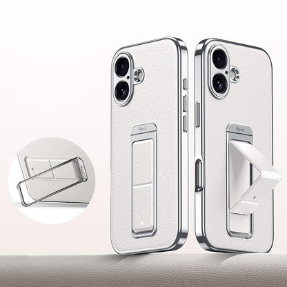 For iPhone 16 Metal Holder Foldable Wristband Precise Cutout Vegan Leather Phone Case - White - EDA009680707D