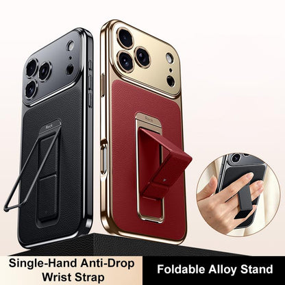 For iPhone 15 Pro Metal Holder Foldable Wristband Precise Cutout Vegan Leather Phone Case - Titanium Gold - EDA009680705C
