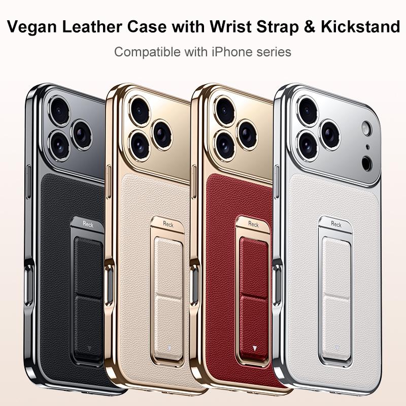 For iPhone 16 Metal Holder Foldable Wristband Precise Cutout Vegan Leather Phone Case - Black - EDA009680707A
