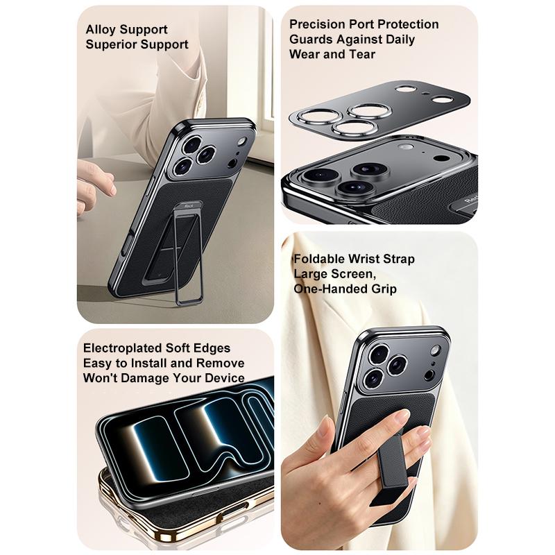 For iPhone 16 Metal Holder Foldable Wristband Precise Cutout Vegan Leather Phone Case - Black - EDA009680707A