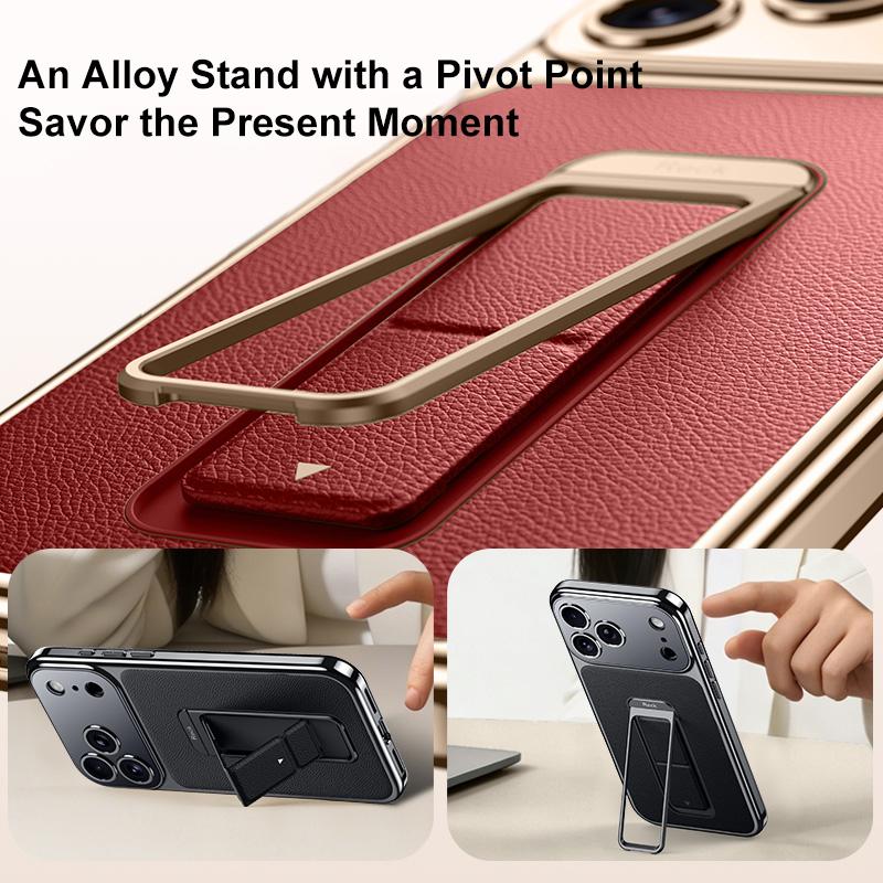 For iPhone 15 Pro Metal Holder Foldable Wristband Precise Cutout Vegan Leather Phone Case - Titanium Gold - EDA009680705C
