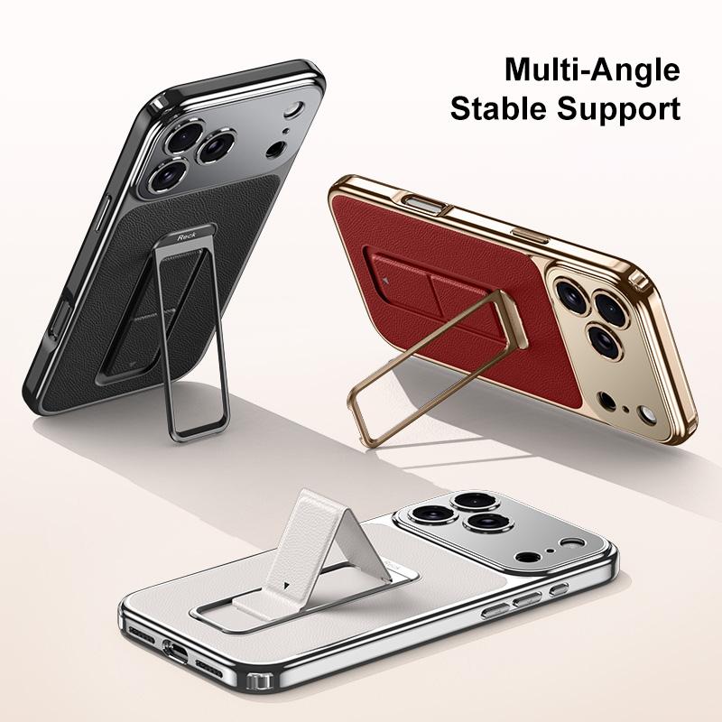 For iPhone 16 Metal Holder Foldable Wristband Precise Cutout Vegan Leather Phone Case - Black - EDA009680707A