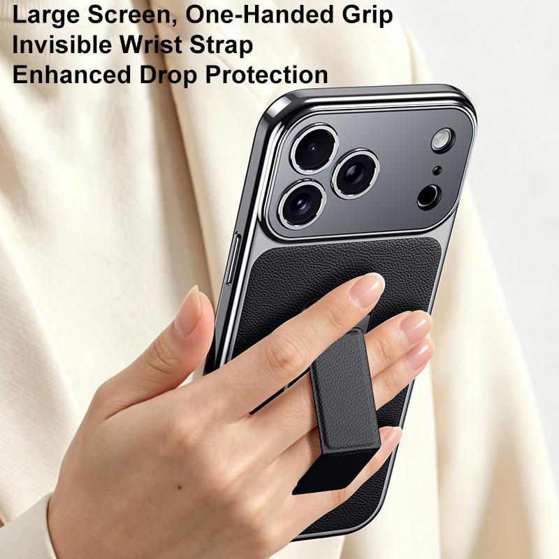 For iPhone 15 Pro Metal Holder Foldable Wristband Precise Cutout Vegan Leather Phone Case - Titanium Gold - EDA009680705C