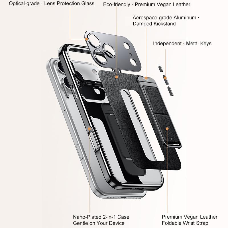 For iPhone 15 Pro Metal Holder Foldable Wristband Precise Cutout Vegan Leather Phone Case - Titanium Gold - EDA009680705C