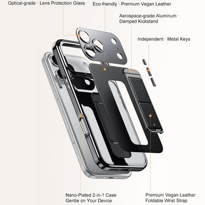 For iPhone 15 Pro Metal Holder Foldable Wristband Precise Cutout Vegan Leather Phone Case - Titanium Gold - EDA009680705C