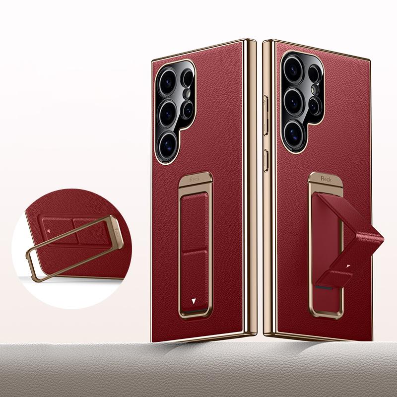 For Galaxy S24 Ultra 5G Metal Holder Foldable Wristband Precise Cutout Vegan Leather Phone Case - Red - EDA009680902B
