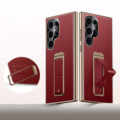 For Galaxy S24 Ultra 5G Metal Holder Foldable Wristband Precise Cutout Vegan Leather Phone Case - Red - EDA009680902B