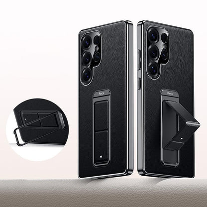 For Galaxy S25 Ultra 5G Metal Holder Foldable Wristband Precise Cutout Vegan Leather Phone Case - Black - EDA009680903A