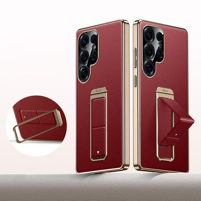 For Galaxy S25 Ultra 5G Metal Holder Foldable Wristband Precise Cutout Vegan Leather Phone Case - Red - EDA009680903B