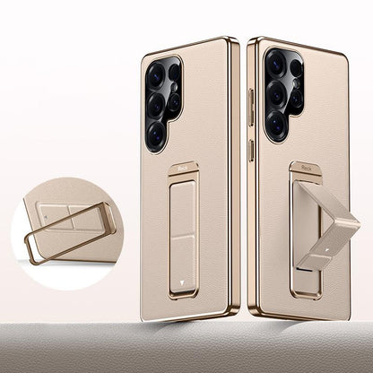 For Galaxy S25 Ultra 5G Metal Holder Foldable Wristband Precise Cutout Vegan Leather Phone Case - Titanium Gold - EDA009680903C